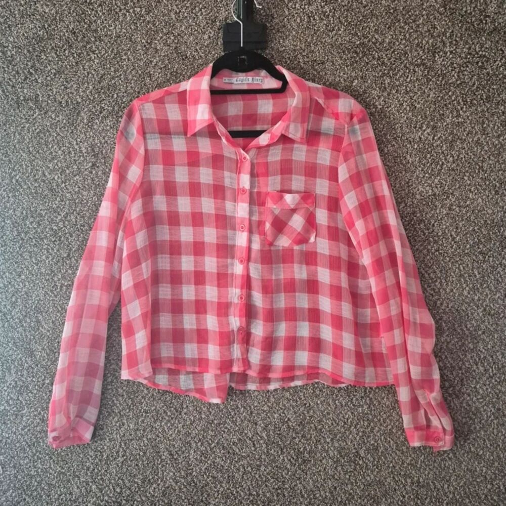 Cupids Diary gingham print pink white semi sheer button up top medium